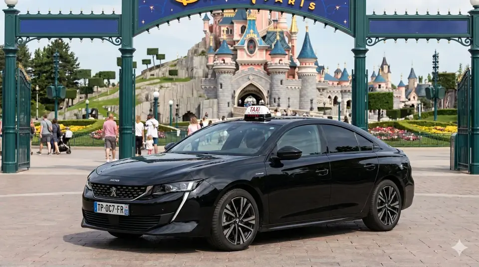 Taxi Peugeot 508 hybride noir berline – entrée Disneyland Paris – Transfer Disneyland Paris
